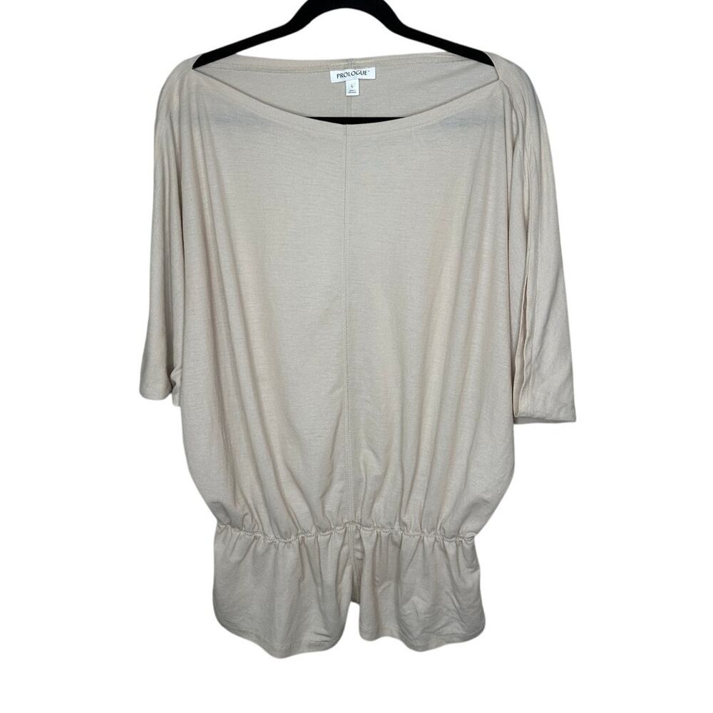 Prologue NWT Cream Blouse Short Dolman Sleeve Smocked Waist Boat Neck Size L $25